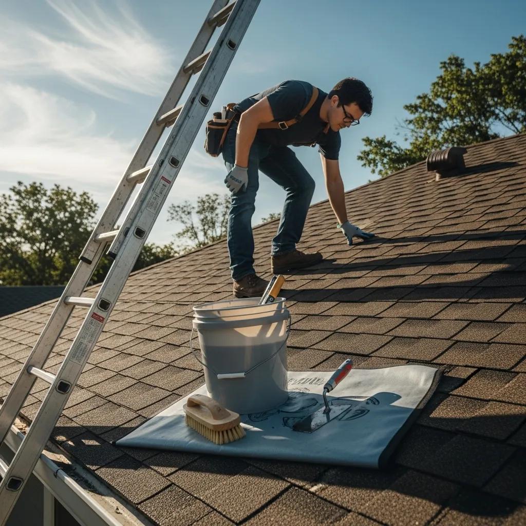 Homeowner inspecting roofing shingles for maintenance on a clear day