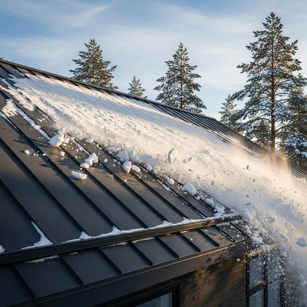 Metal roof shedding snow in a winter landscape, showcasing performance