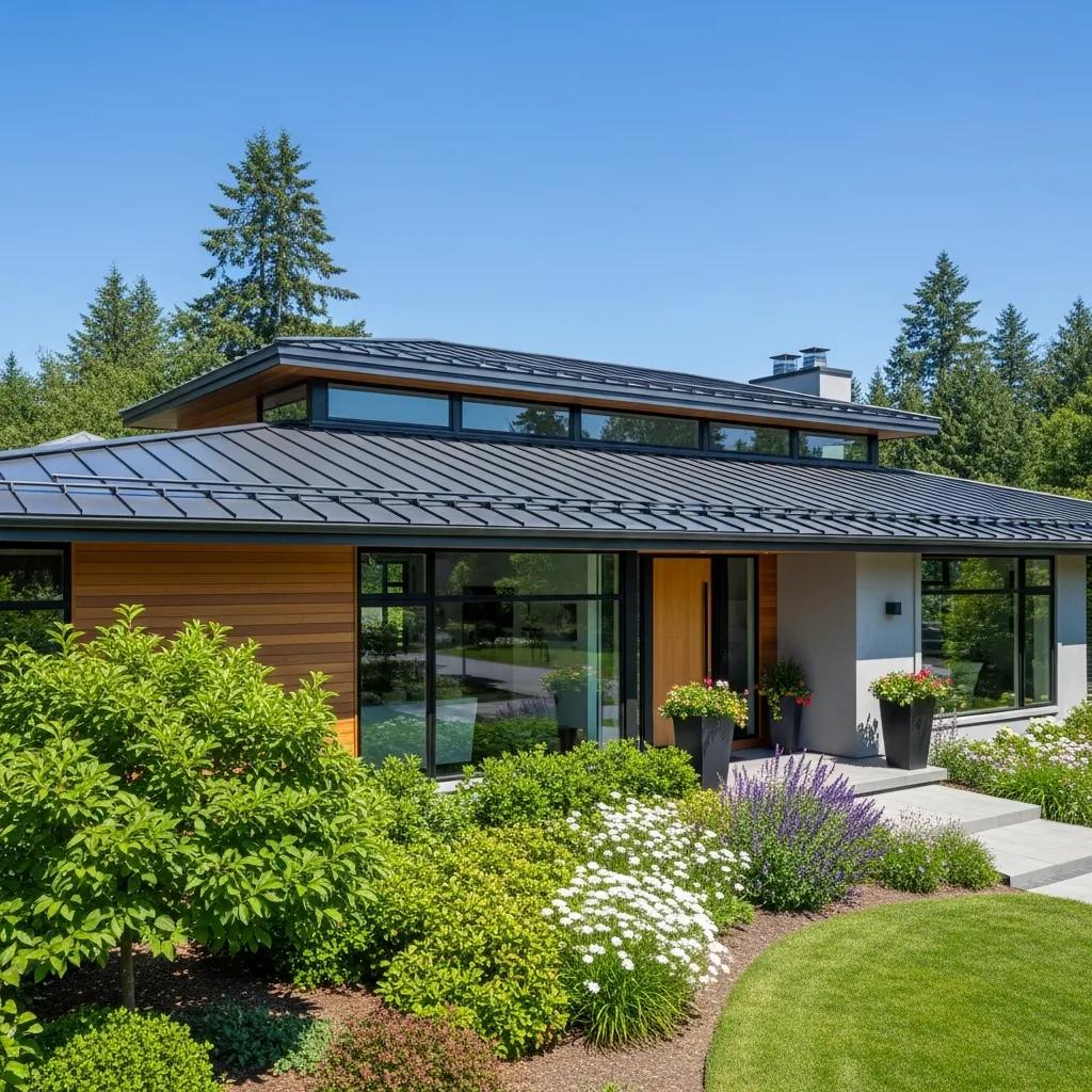 Modern home featuring a sleek metal roof surrounded by greenery, highlighting durability and energy efficiency