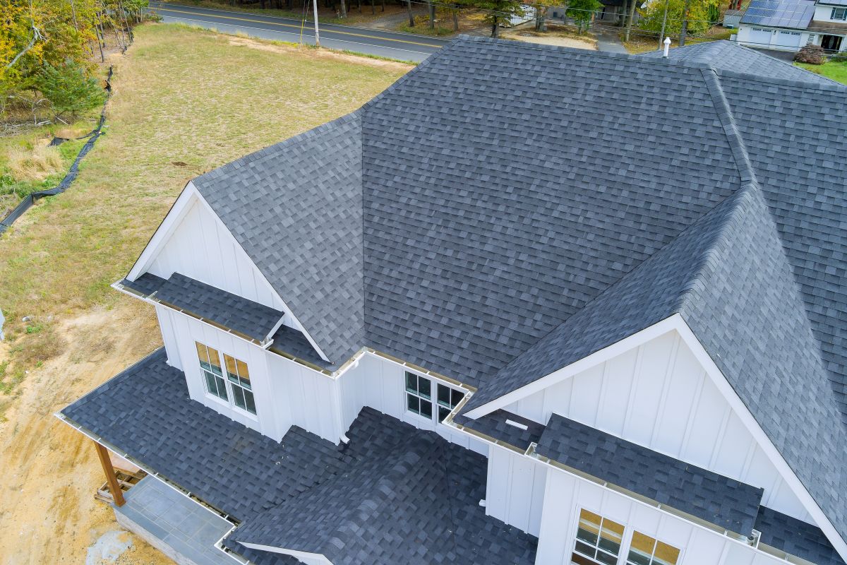 Asphalt shingles cover roof of newly constructed house, North Oaks