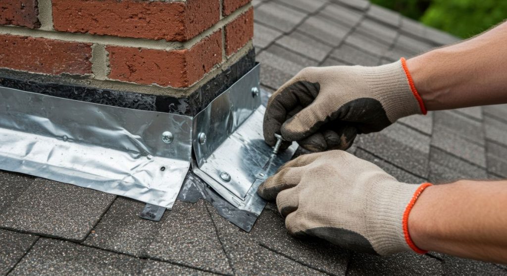 hand repairing roof flashing, North Oaks